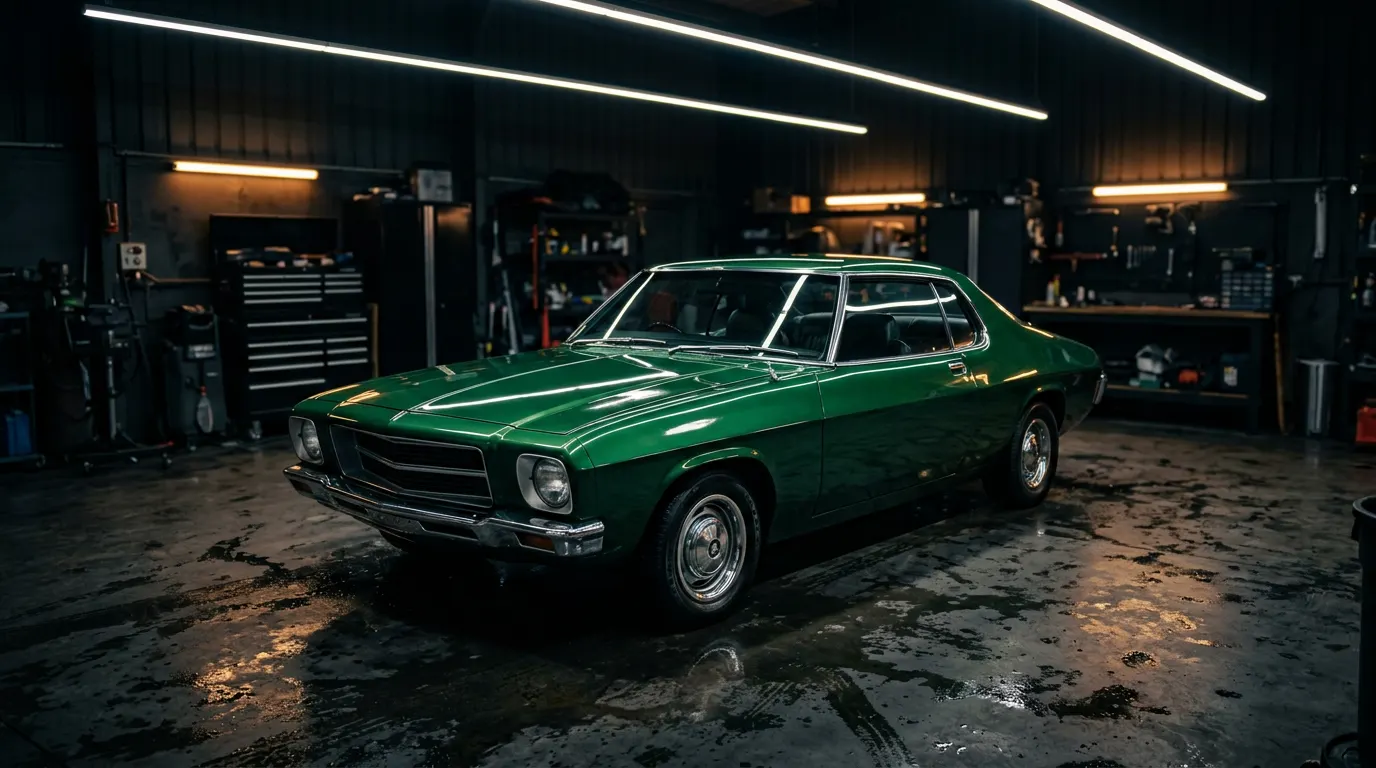 Freshly restored deep green classic coupe gleaming under warm strip lights