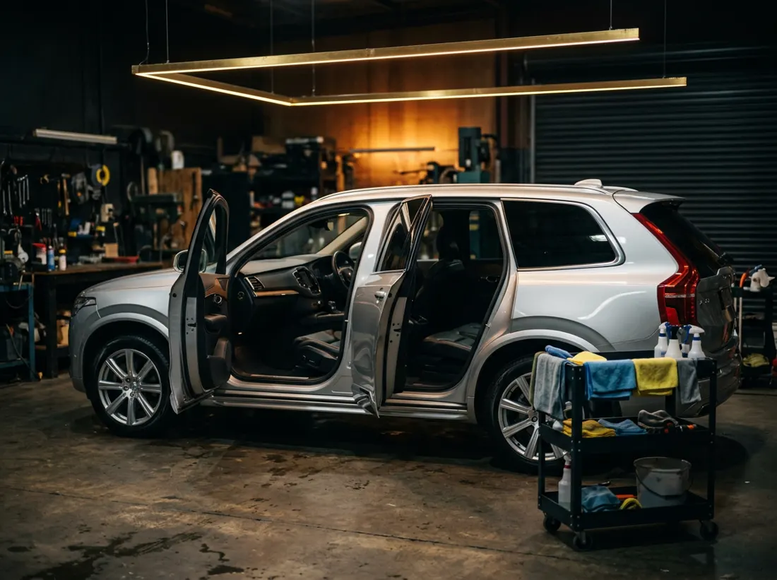 Spotless silver SUV with its doors open beside a trolley of folded microfibre towels